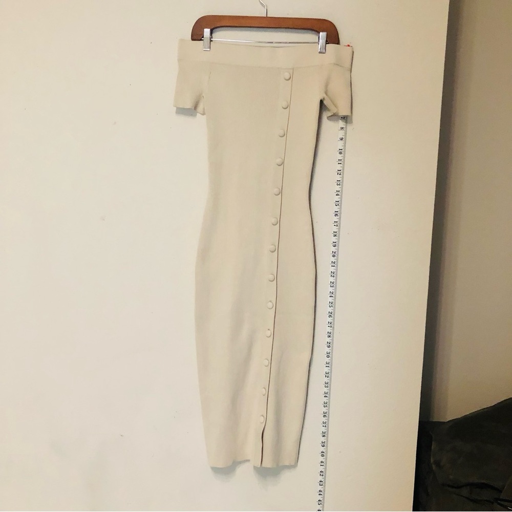 Eva Mendes New York & Company fitted stretchy off shoulder dress.